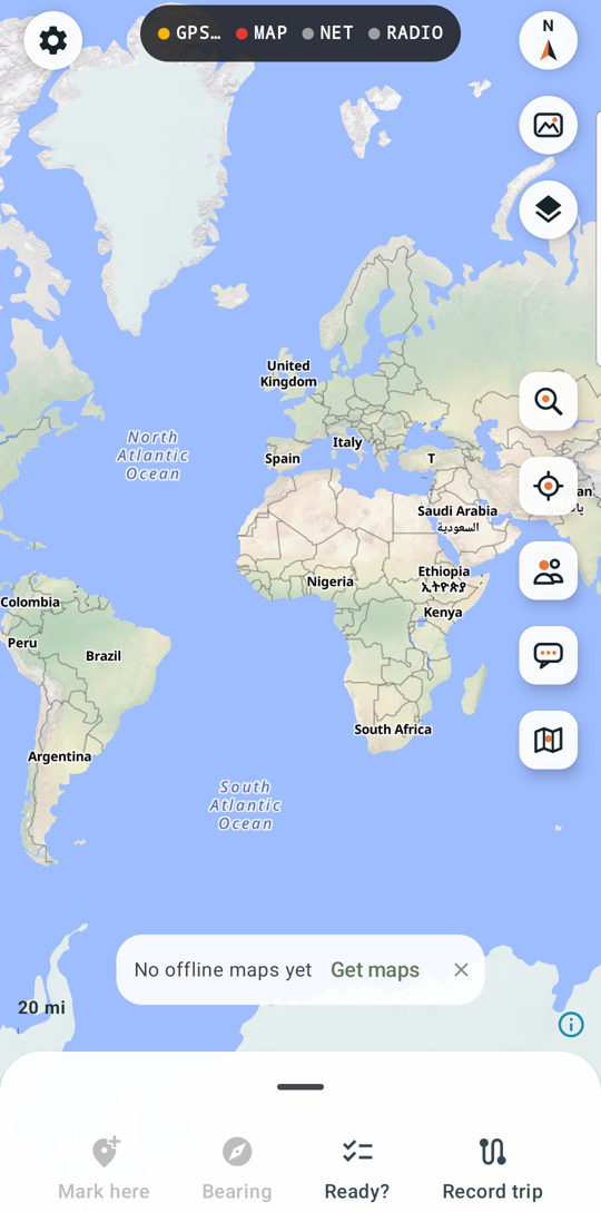 Before any maps: the online map with "No offline maps yet"