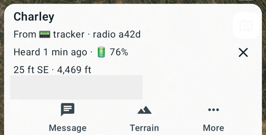 A tracker's card: Message, Terrain, More